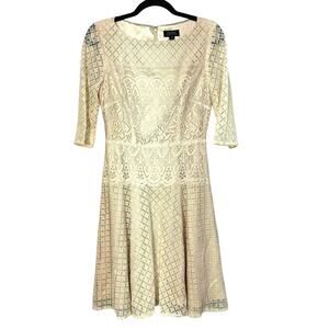 Tahari ASL Lace Overlay Dress 4 Antique White Gold Metallic Wedding Cocktail